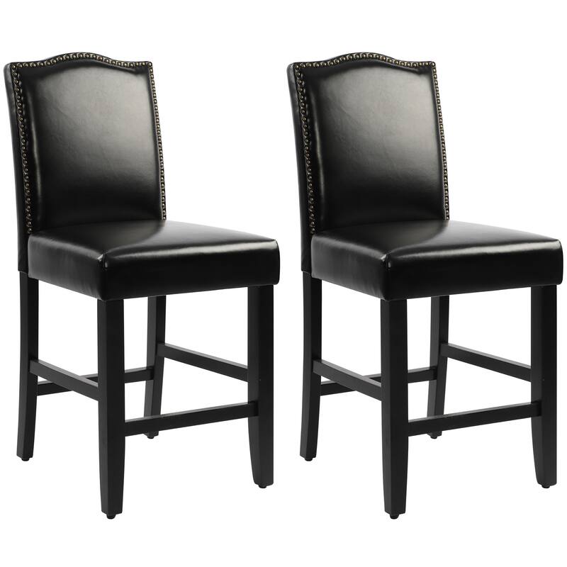 24 Inches Faux Leather Counter Height Bar Stools with Nailhead Trim - Black-2-piece