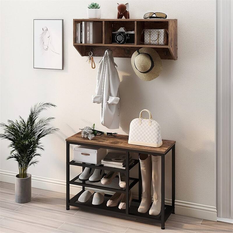 Coat Rack Shoe Bench Set Entryway Hall Tree with Bench Shoe - 11.81 x 31.5 x 70.87 inches - Brown