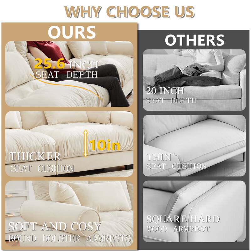 GDFStudio - Velvet 3-Seater 130" Cloud Sofa Couch with Bolstered Armrests