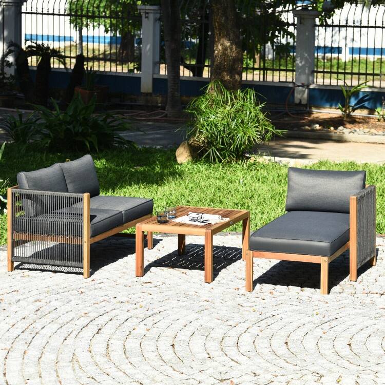 3 Piece Patio Acacia Sofa Set with Nylon Armrest - 52" x 26" x 25"(L x W x H)