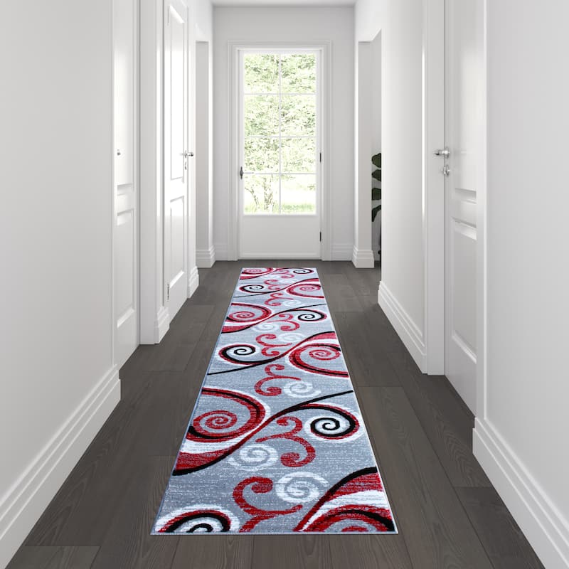 Modern Distressed Swirl Abstract Style Indoor Area Rug - 2' x 11' - Red
