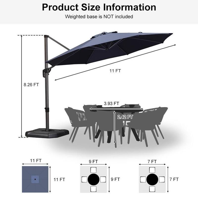 PURPLE LEAF Round 360 Degree Rotation Patio Cantilever Umbrella - 11ft-Navy Blue