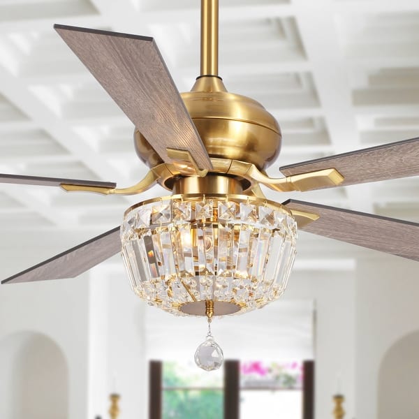 slide 2 of 18, Parrot Uncle 52" Modern Gold Wood 5-Blade Crystal Ceiling Fan with Remote and Light Kit