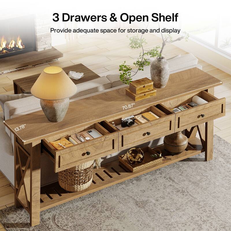 Long Sofa Table with 3 Storage Drawers