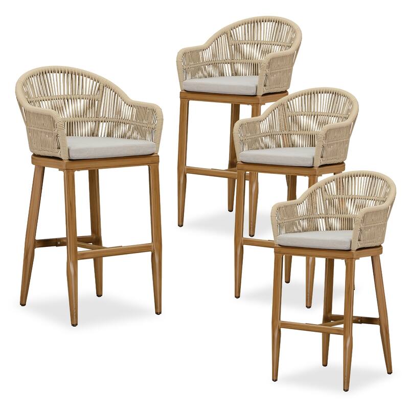 PURPLE LEAF Outdoor Counter Bar Stools Set of 4 Patio Aluminum Barstools with Back and Cushions Metal Modern Wicker Chairs - Brown-Bar Height