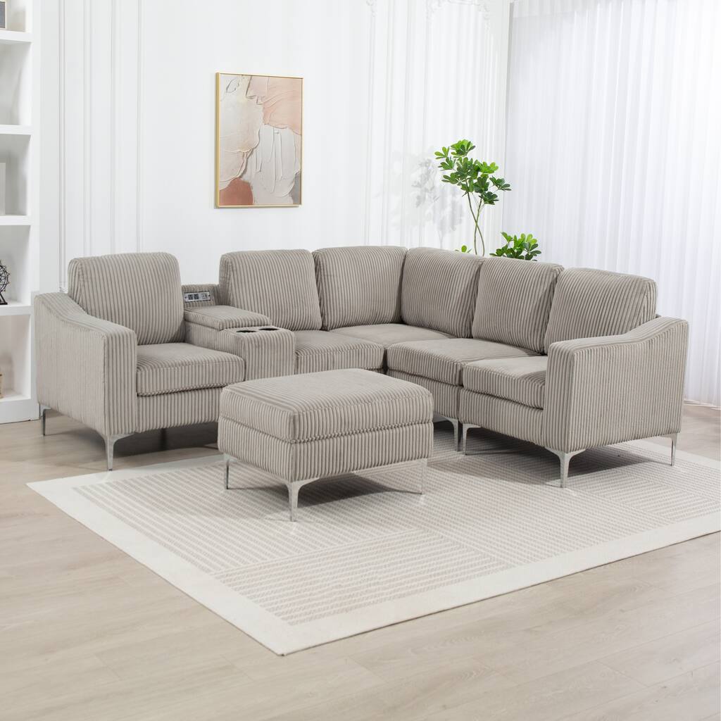 95.67" Corduroy L-Shaped Sectional Sofa with USB