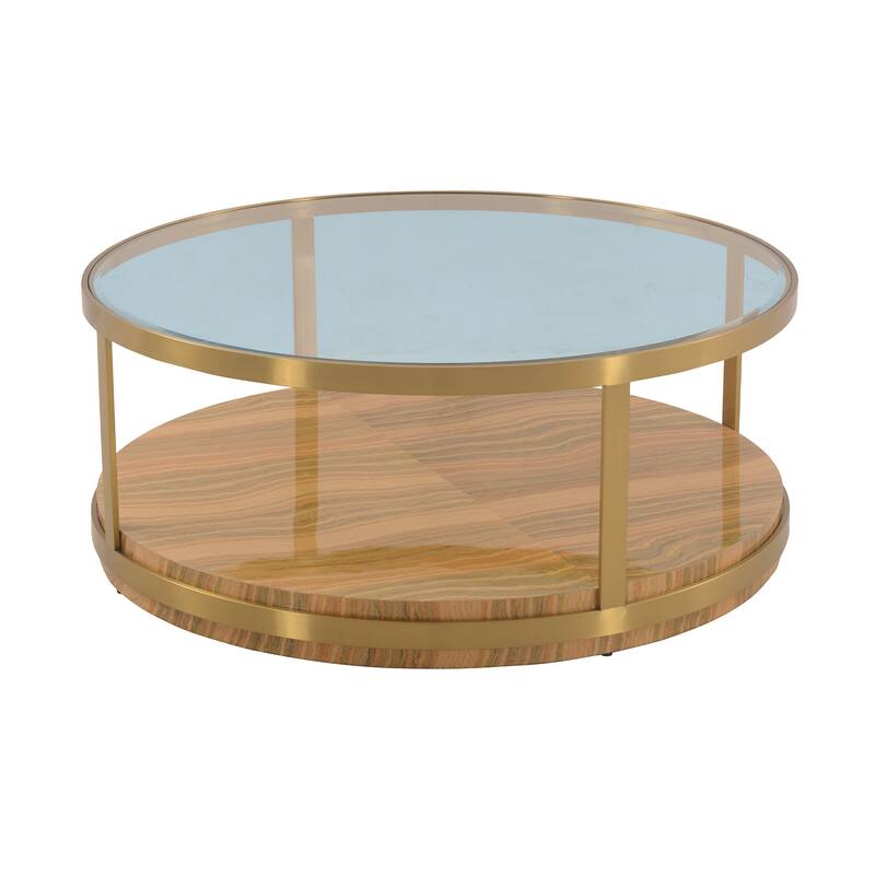 Hattie Gold Metal Glass Top 43" Round Coffee Table with Shelf