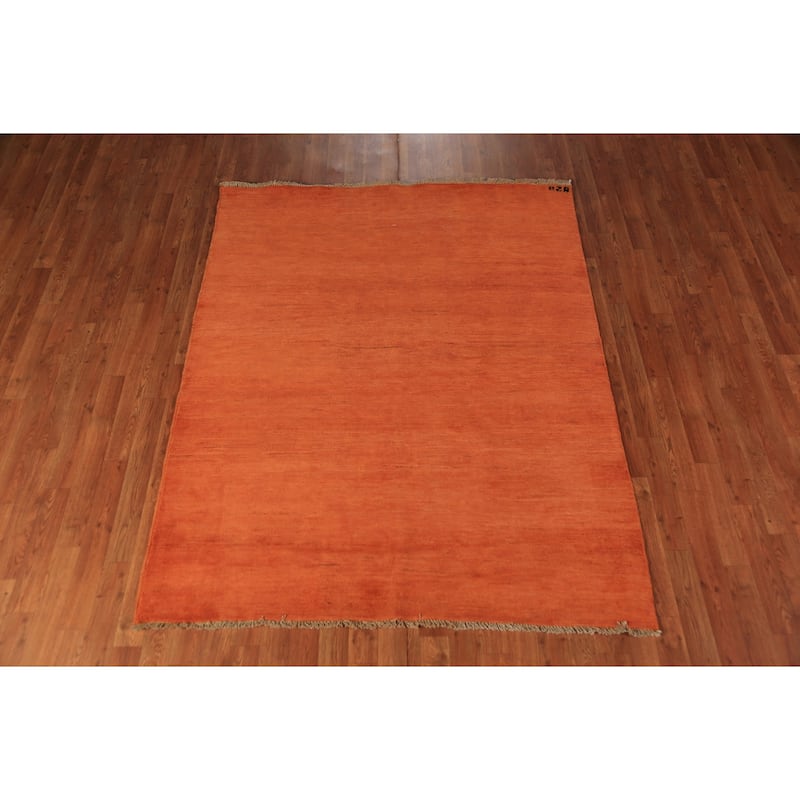 Gabbeh Modern Oriental Rug Handmade Orange Solid Wool Carpet - 5'1" x 6'2"