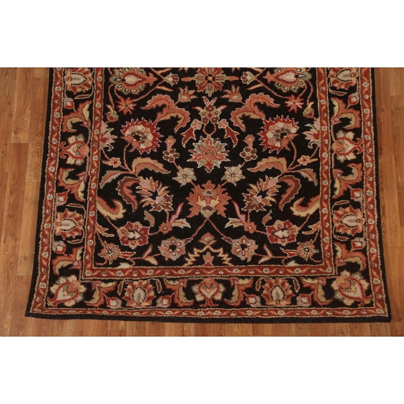 Black Floral Agra Oriental Wool Area Rug Hand-tufted Foyer Carpet - 5'2" x 7'10"