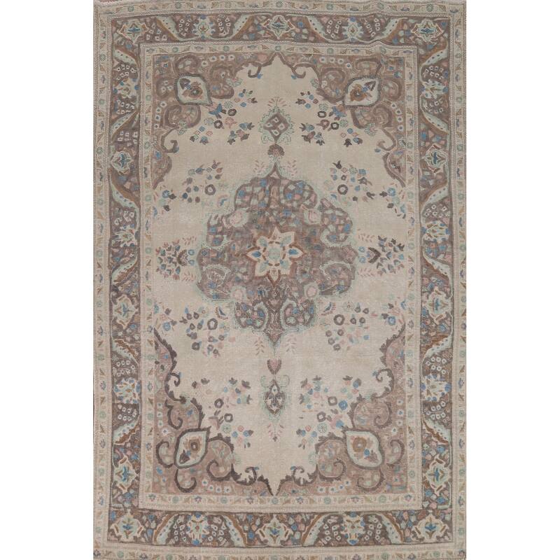Floral Tabriz Persian Rug Hand-Knotted Traditional Beige Wool Carpet - 6'8"x 10'0"