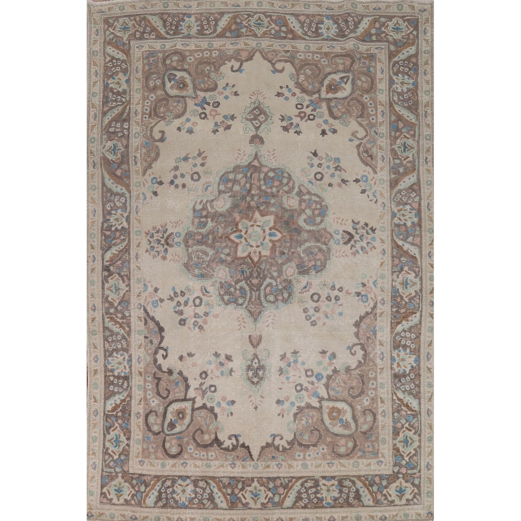 Floral Tabriz Persian Rug Hand-Knotted Traditional Beige Wool Carpet - 6'8"x 10'0"