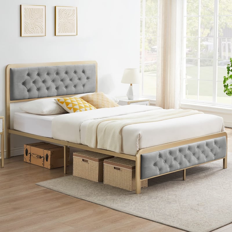 Upholstered Platform Bed Frame with Velvet Button-Tufted Headboard