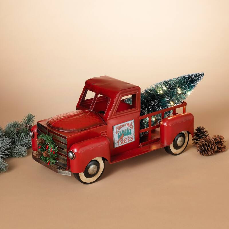 Vintage Red Metal Truck with Lighted Christmas Tree