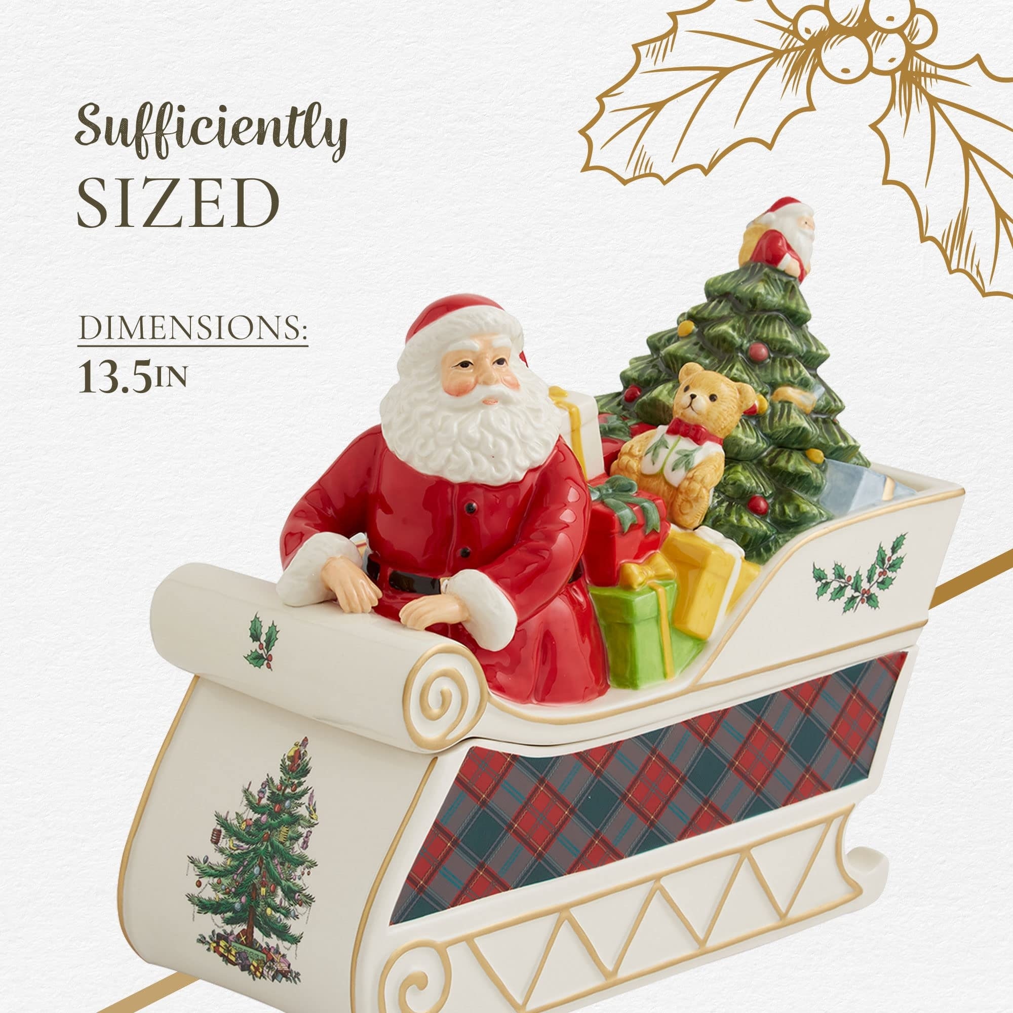 Spode クリスマスツリー サンタクロース クッキージャー　新品 Spode Christmas Tree Santa In Sleigh Cookie Jar - 13.25-inch - Bed