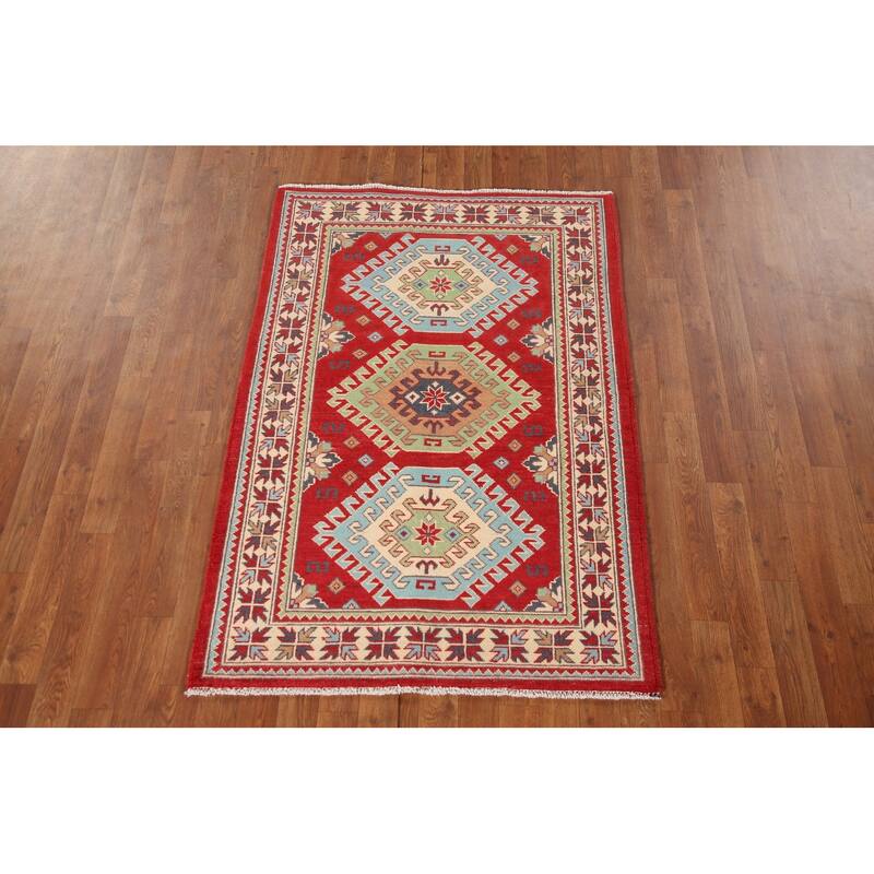 Geometric Red Kazak Rug Hand-Knotted Traditional Bedroom Wool Carpet - 3'4"x 4'10"