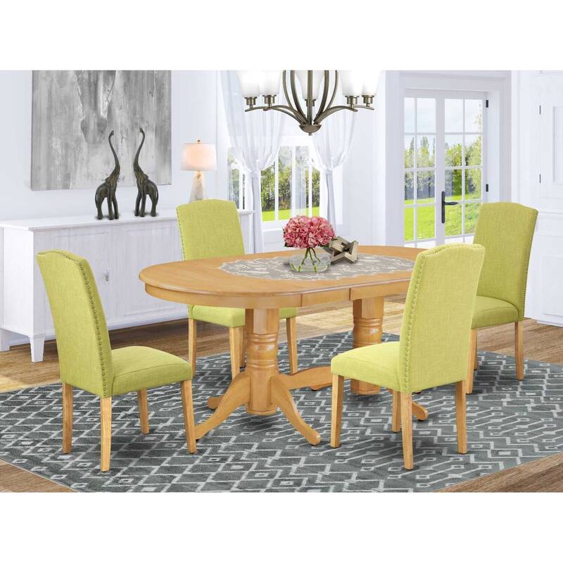 Vintage Dining Set 5 Piece - Table with Leaf & 4 Parsons Chairs - Linen Fabric & Oak Legs - Home Dining Room Set