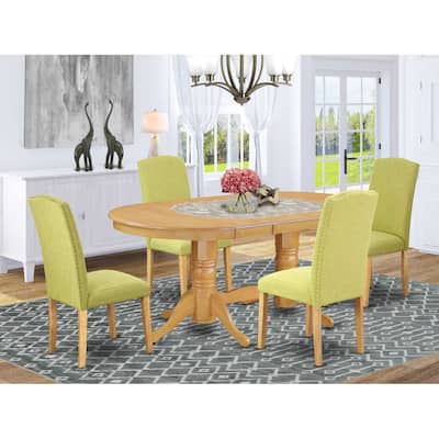 Vintage Dining Set 5 Piece - Table with Leaf & 4 Parsons Chairs - Linen Fabric & Oak Legs - Home Dining Room Set