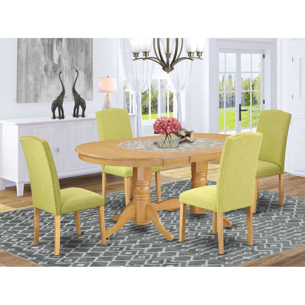 Vintage Dining Set 5 Piece - Table with Leaf & 4 Parsons Chairs - Linen Fabric & Oak Legs - Home Dining Room Set