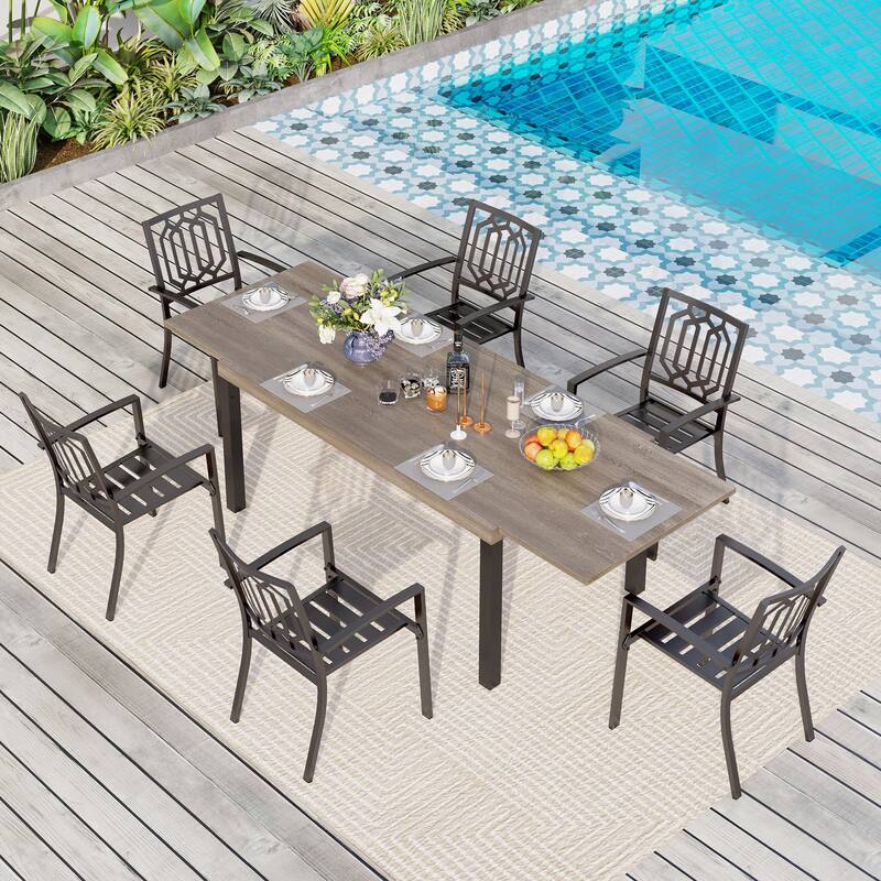 MAISON ARTS 7/9-Pieces Patio Dining Set with Metal Rectangle Expandable Table and Metal Stackable Chairs - 7-Piece Fashion Chairs