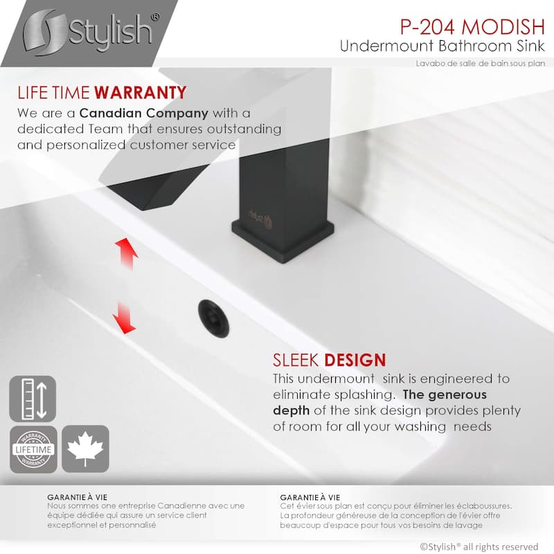 STYLISH 19 inch Rectangular Undermount Porcelain Bathroom Sink with 2 Overflow Finishes