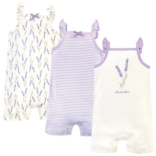 slide 1 of 1, Touched by Nature Baby Girl Organic Cotton Rompers 3pk, Lavender 0 - 3 Months - Purple
