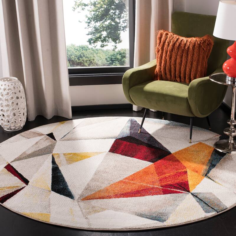 SAFAVIEH Porcello Akina Mid-Century Modern Abstract Rug - 12' Round - Light Grey/Orange