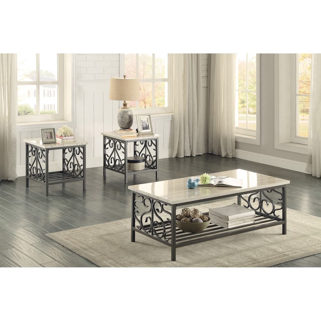 3-Piece Occasional Table Set Coffee Table And 2 End Tables Faux Marble Metal