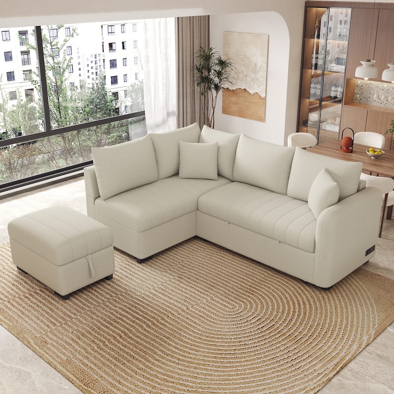 Beige 82.6" L-Shaped 5-Seater Sleeper Sofa with Storage
