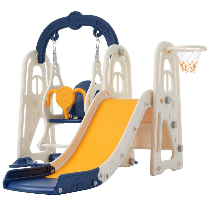 3 In 1 Toddler Slide And Swing Set Climber Slide Playset With Basketball Hoop Freestanding Indoor Outdoor - Blue+Yellow