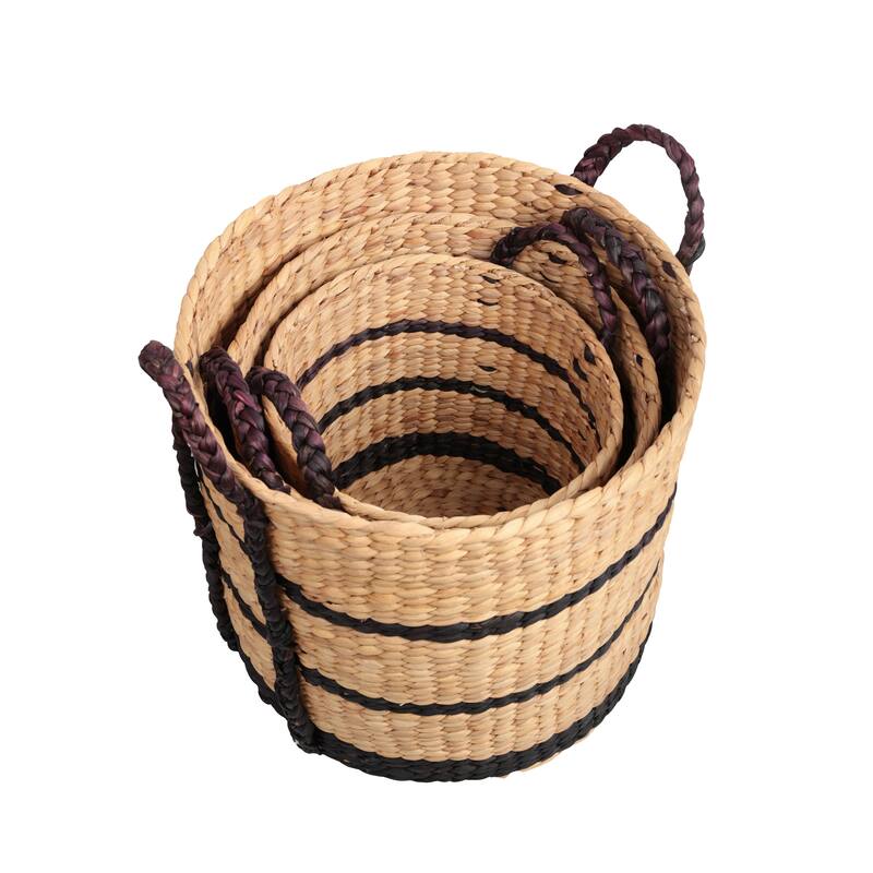Willow Stripe Handwoven Water Hyacinth Nesting Storage Baskets with Handles(Set of 3)