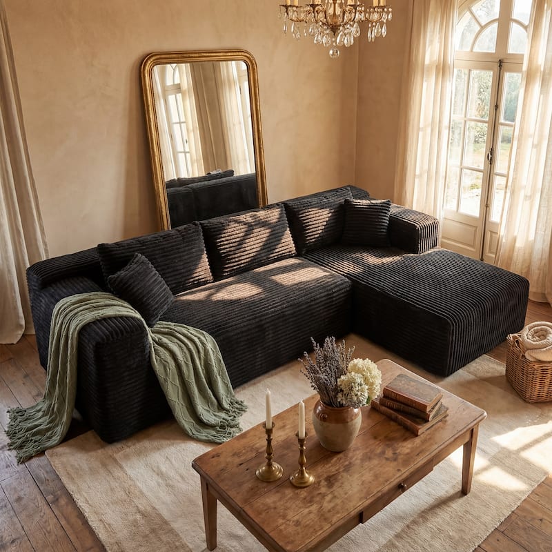 Black L-Shaped Compressed Foam Sofa – Ready-to-Use Sectional Couch with Chaise