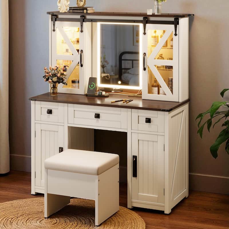 Rustic Vanity Table Set with LED Mirror, Barn Door Design, Cushioned Stool, Charging Ports, 3 Drawers & 4 Cabinets