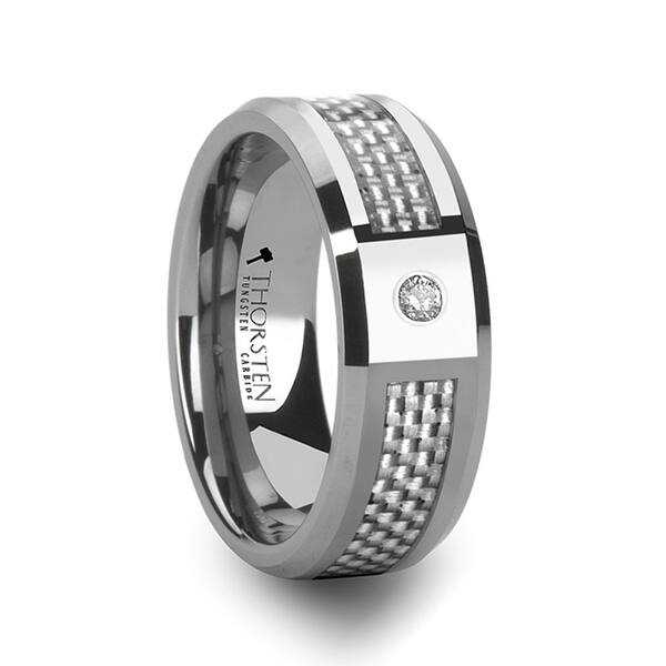 Thorsten Royce Mens Tungsten Ring Carbide Wedding Band White Carbon Fiber Inlay And White Diamonds Polished Beveled Edges On Sale Overstock 16682220
