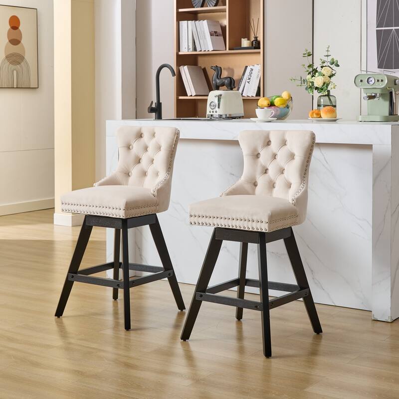 Swivel Bar Stools Set of 2, Velvet Counter Height Barstools with Wooden Legs, Kitchen Island Chairs with Button Backrest