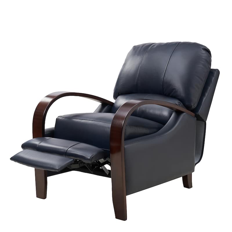 Alex Mid-century Modern Genuine Leather Manual Recliner with Wooden Curved Arms