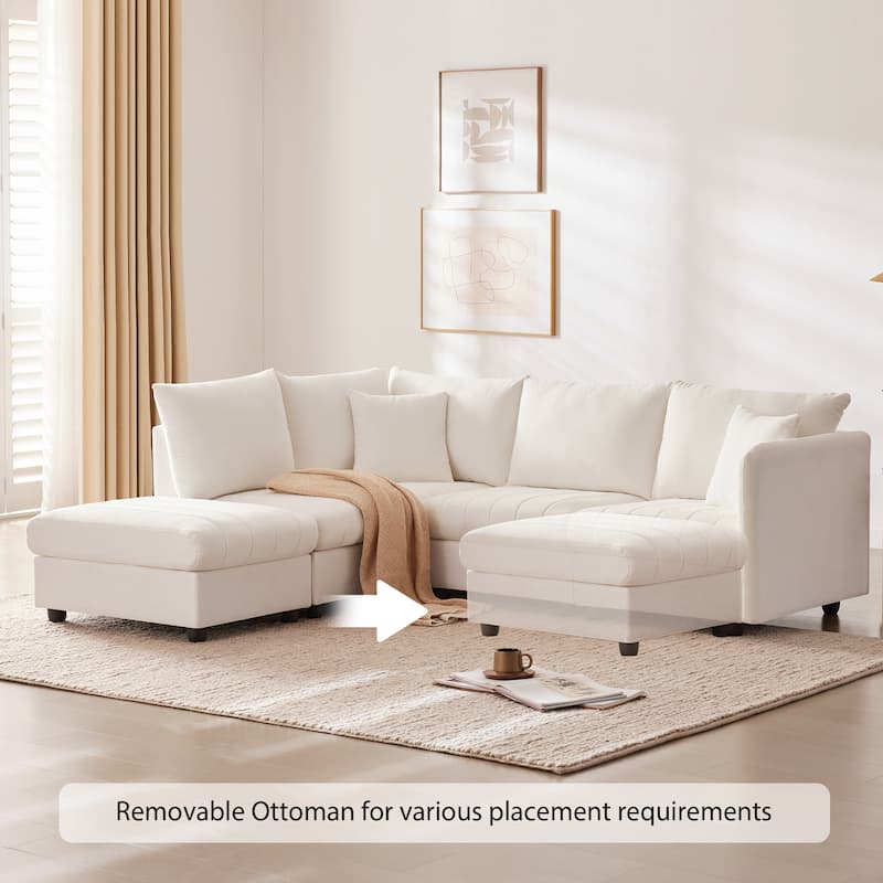 89" Linen-Blend L-Shaped Sectional Sofa with Ottoman, 2 Pillows and Pocket Springs, 360lb Capacity