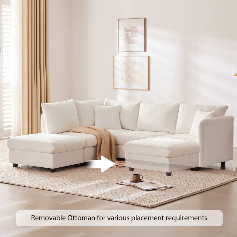 Modular L-Shaped Sectional Sofa with Movable Ottoman, 5 Seat Corner Couch with Throw Pillows, Comfy Cloud Upholstered Sofa