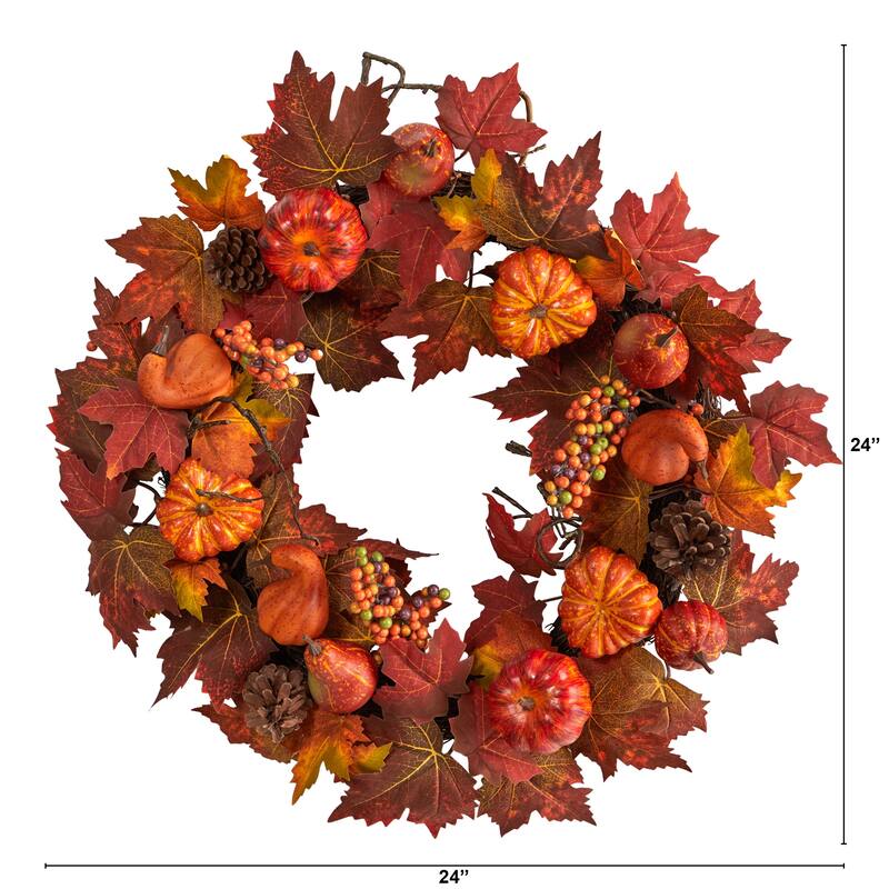 Maple Leaf & Pumpkin Artificial Fall Harvest Wreath Berries, 24-Inch