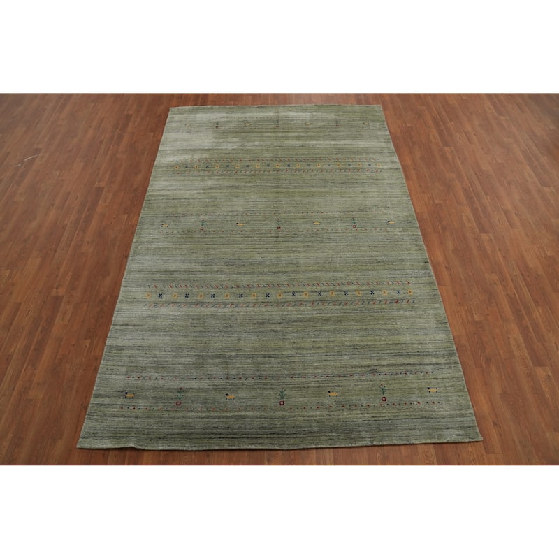 Green Wool Tribal Gabbeh Oriental Area Rug, Handmade Modern Carpet - 9' 10'' X 6' 6''