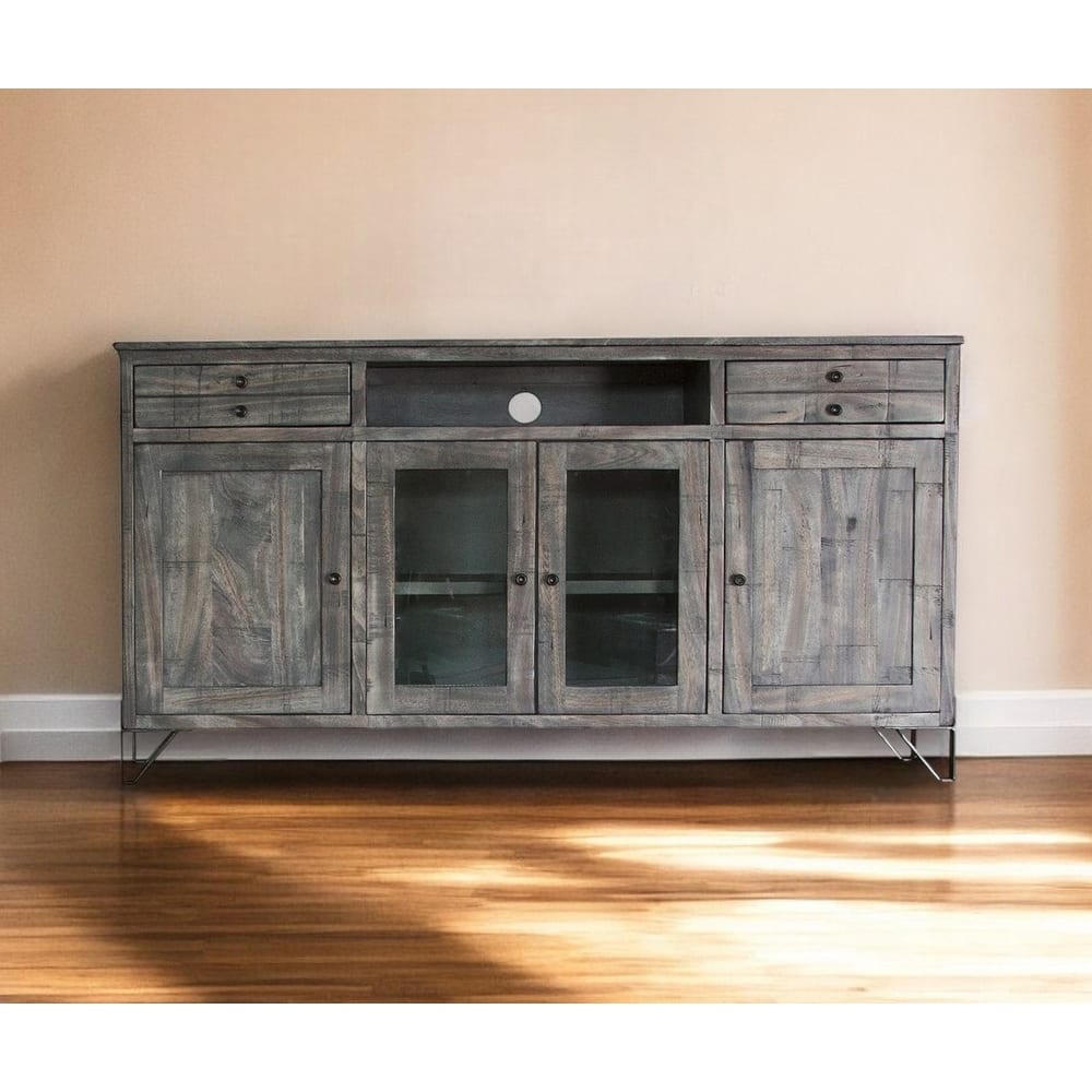 HomeRoots 70" Gray Solid Wood Cabinet Enclosed Storage Distressed TV Stand - 70' X '37.25' X '17.75