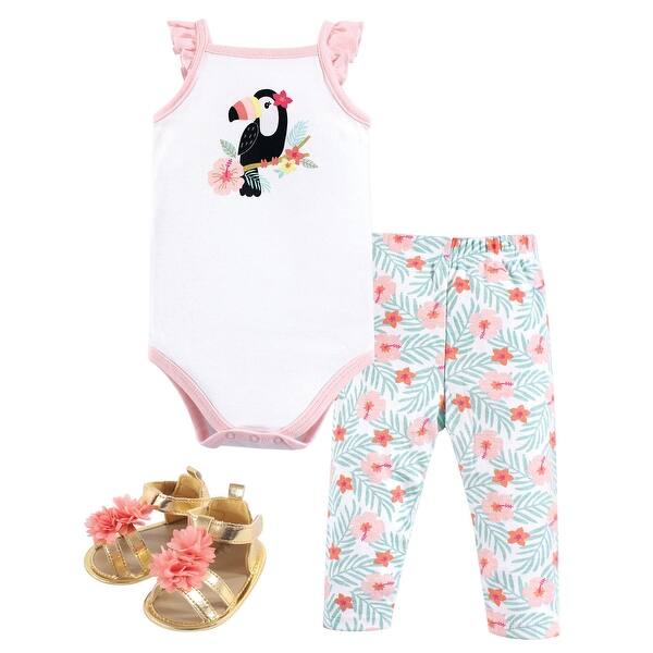 slide 1 of 1, Hudson Baby Infant Girl Cotton Bodysuit, Pant and Shoe 3pc Set, Tropical Toucan 0-3 Months - Tropical Toucan