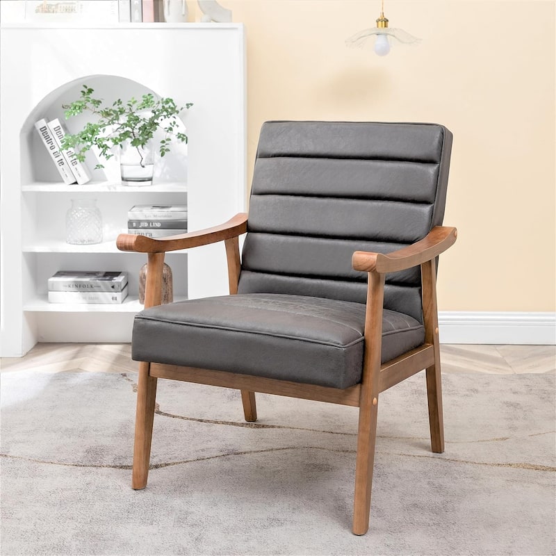 Mid Century Modern Accent Chair with Plush Foam, Leather-Look Microfiber Seat and Back Cushions