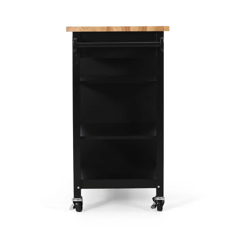 Modern Kitchen Cart with Rubberwood Top, Storage Drawer, Open Shelving, Includes Rolling Casters with Locks