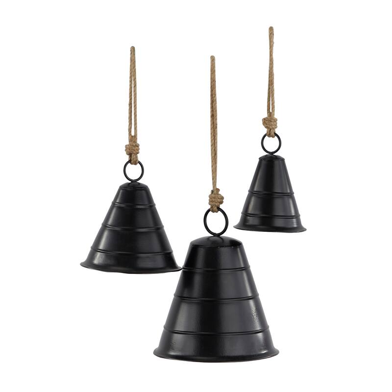 Gray, Red, Black or Bronze Metal Tibetan Inspired Decorative Cow Bell with Jute Hanging Rope (Set of 3)