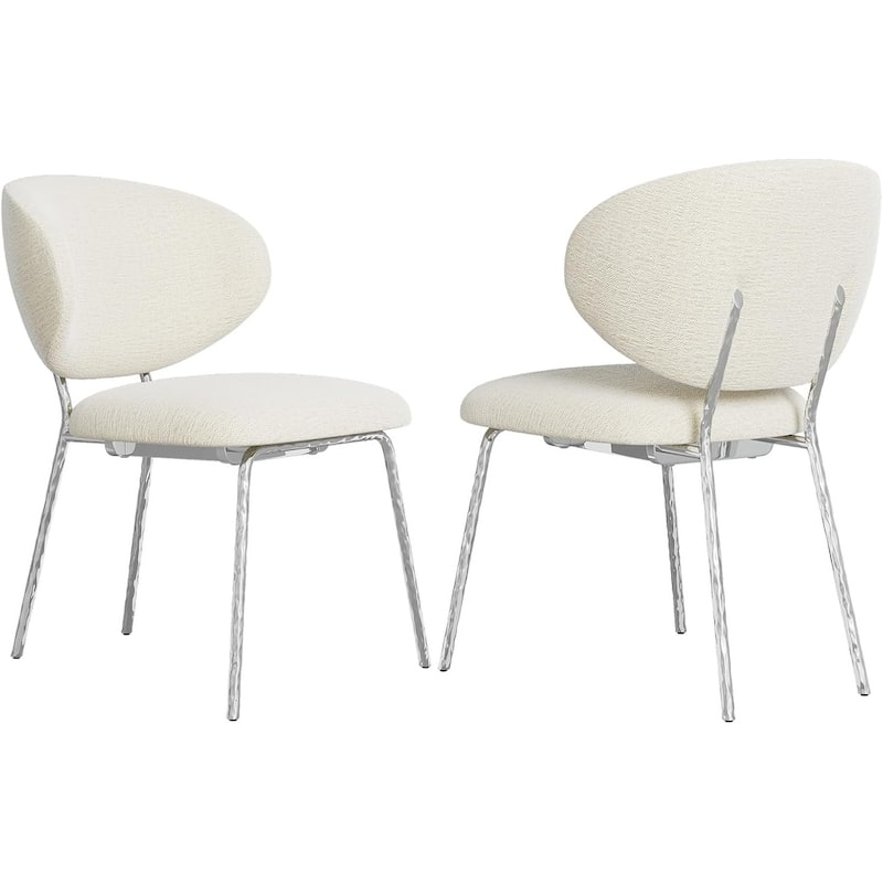 White Velvet Dining Chairs with Hammered Finish Metal Legs - Silver - Set of 2