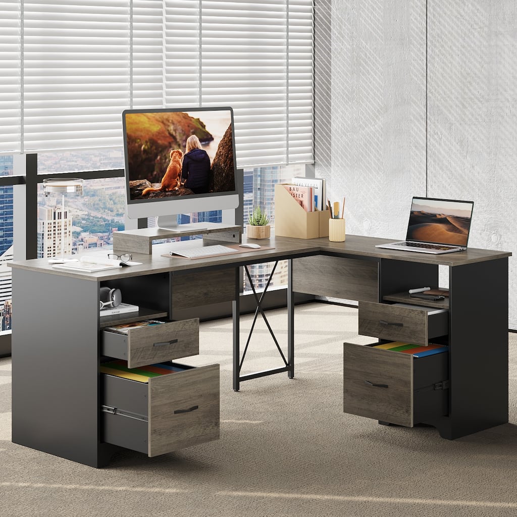 63'' L Shaped Home Office Desk with File&Storage Drawers and Cabinet, Computer Desk with Monitor Stand and Open Compartments