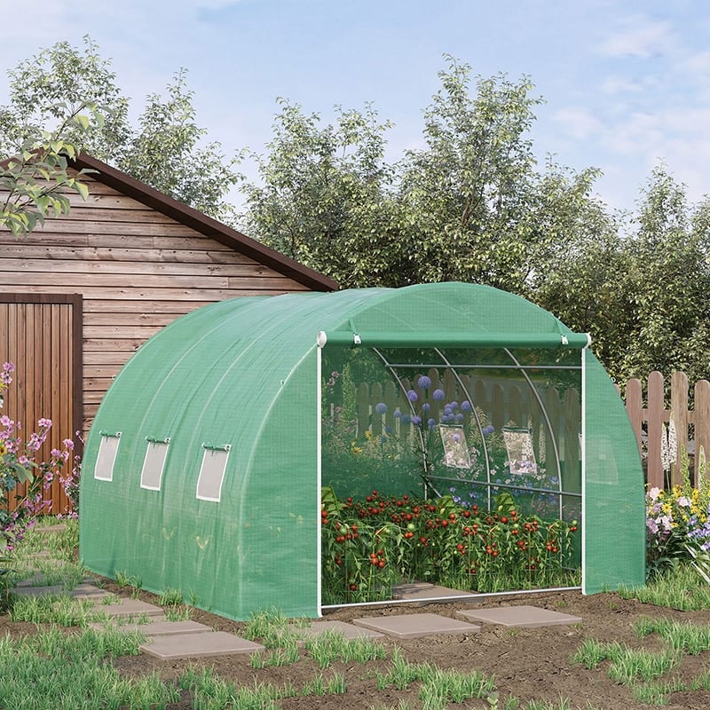 Outsunny Walk-in Tunnel Greenhouse with High-Quality PE Cover, Zipper Doors, & Windows, Green