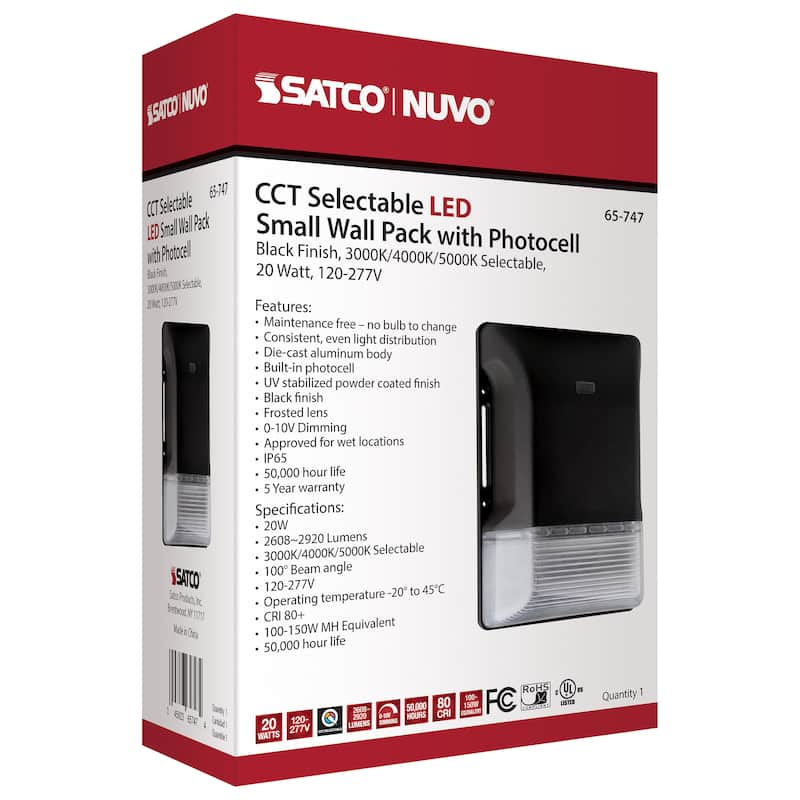 LED Small Wall Pack 20W CCT Selectable 3K/4K/5K Black Finish 100-277V