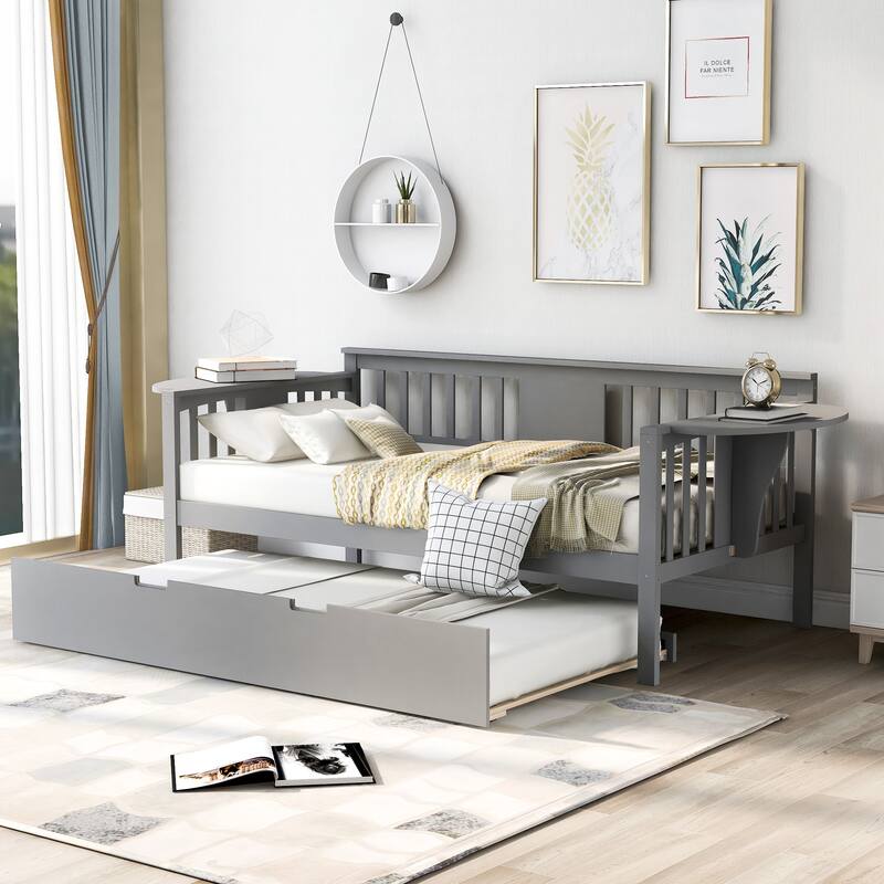 Twin Size Vertical Slats Style Daybed Wood Sofa Bed with Trundle & 2 Table Shelf Bed Bath