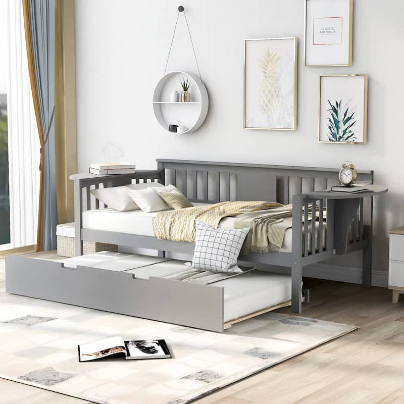 Wooden Daybed with Trundle Bed & Slatted Support, Dual-Use Sturdy Sofa Bed for Bedroom or Living Room